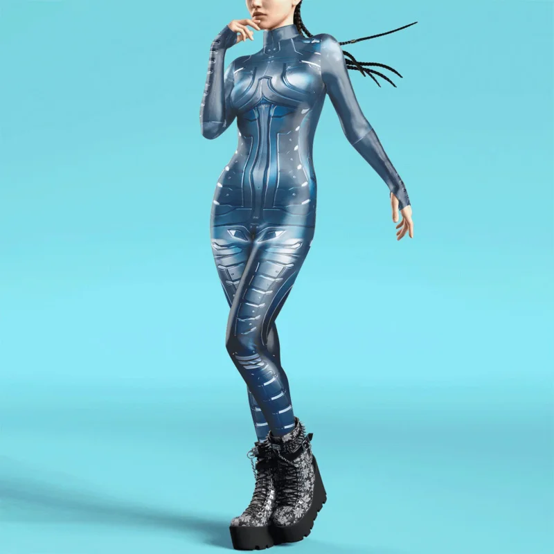 Macacão estampado armadura 3D para mulheres, bodysuit zentai, roupa halloween, roupas de textura punk, mangas com zíper polegar, traje cosplay, roupa halloween