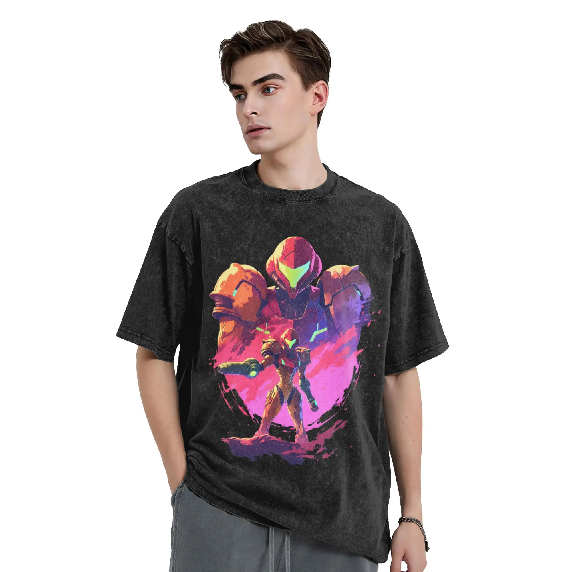 Metroids Hero Game Samus T-Shirts for Men  Humorous Pure Cotton Tees Crew Neck Short Sleeve T Shirt Summer Clothes