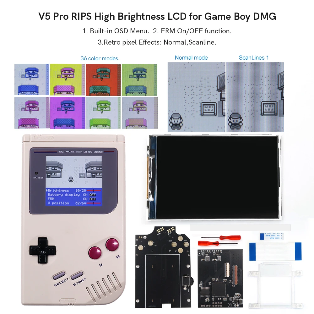 Pro V5 GBO IPS LCD Backlight Kits 36 Color Mod Replacment Screen For Game Boy GBO/DMG Housing Shell