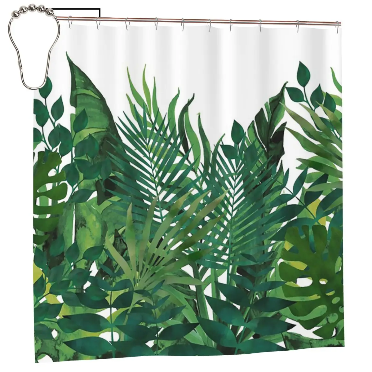 Tropical, Palm, Hawaii Prints, Green And White Shower Curtain Bathroom Polyester Waterproof Bath Curtains with Hooks