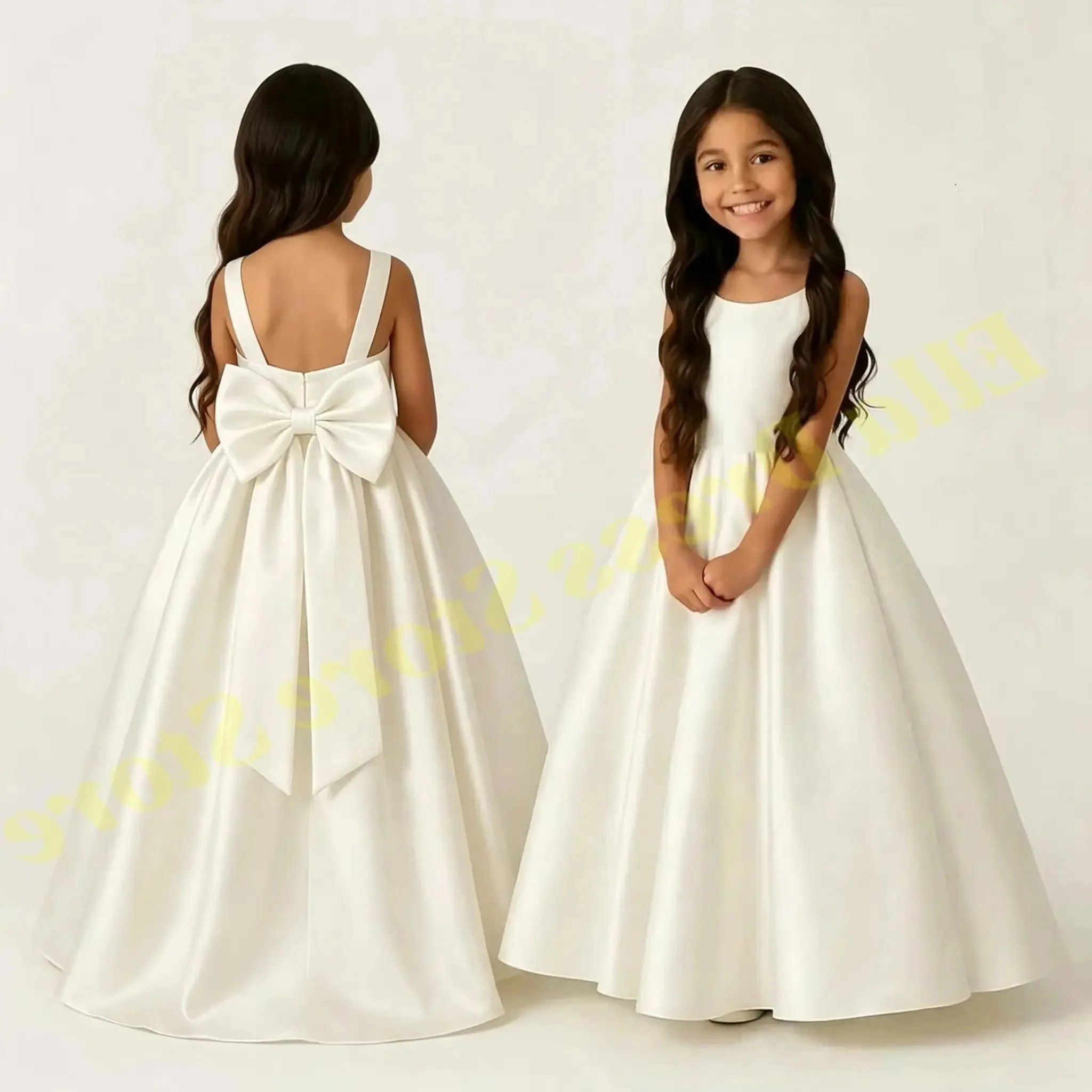 Lange Elfenbeinfarbene Satin-Blumenmädchenkleider für Hochzeit, Schleifenparty, Geburtstag, Prinzessinnenkleid, Junior-Brautjungfernkleid, Heilige Kommunion, Großhandel – Detail 1