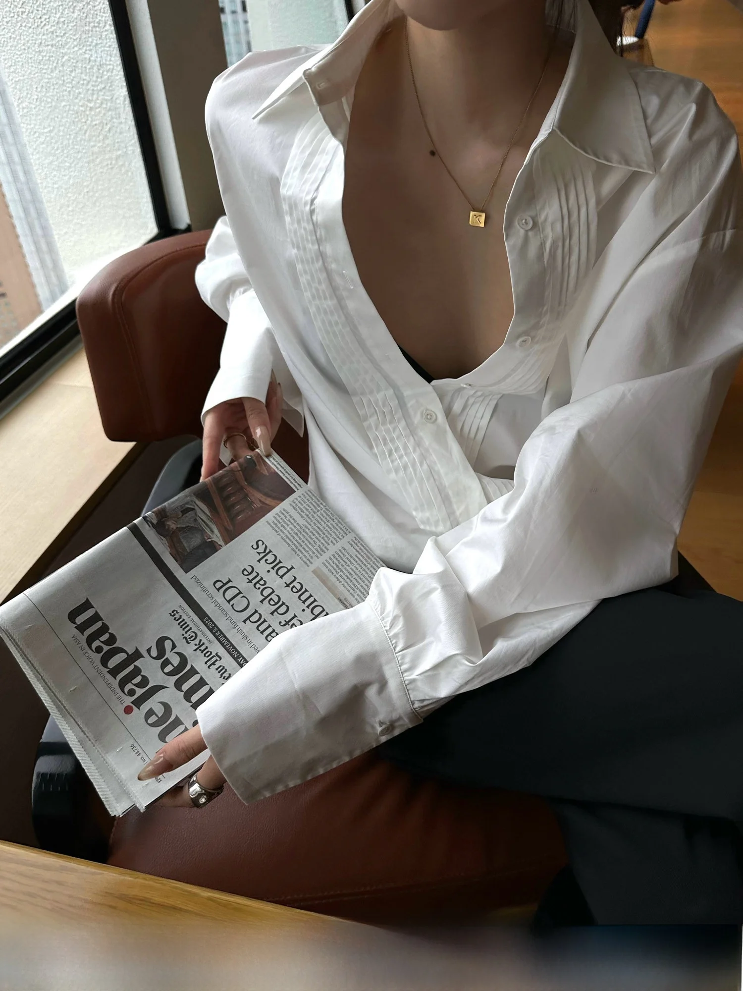 

White irt Women's Retro Design High-End Sensation Quinpleat Commute Versatile Top Cotton Casual Sle Loose Fit Long Sve