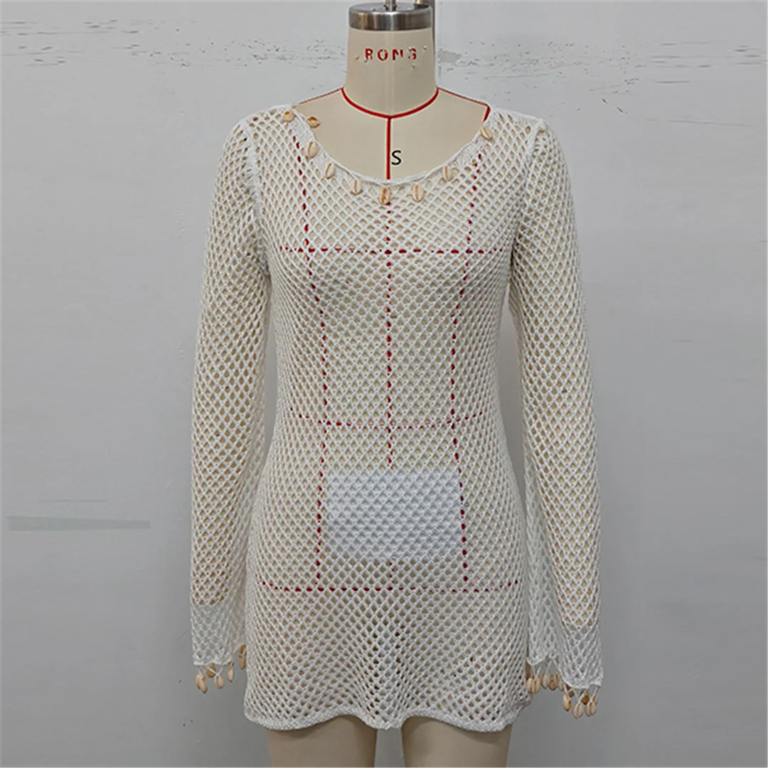 Gekräuseltes, langärmliges, ausgehöhltes, gehäkeltes, gestricktes Strandkleid, Strandmode, Strandbekleidung, Strand-Cover-up, Damen V7145 – Detail 10