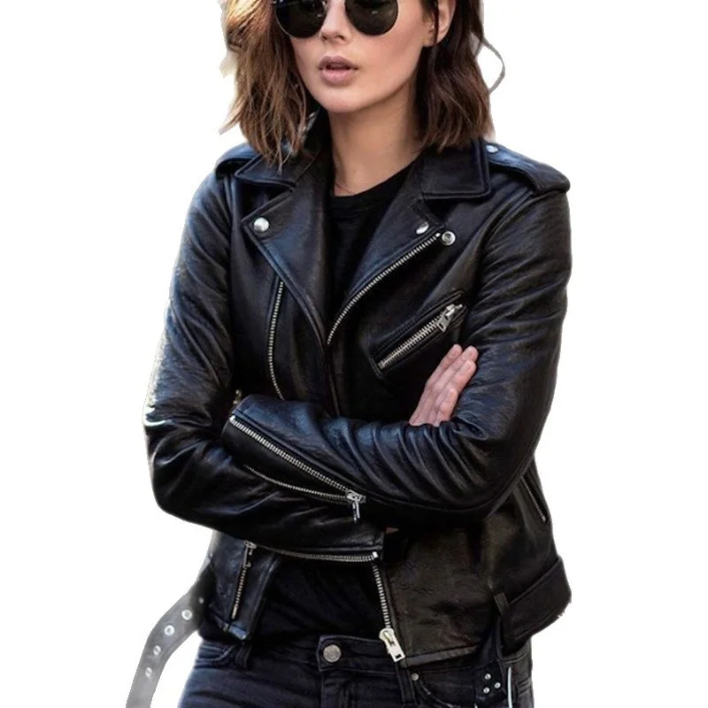 Slim Fit Motorcycle Leather Jaet Women's Spring Autumn ort Coat Sli Casual Thiened Artificial Leather Coat