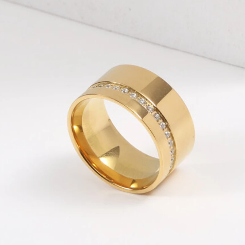New Fashion Gold Color Shinny Zircon Width Ring for Women Stainless Steel Ring Gold Plated Jewelry