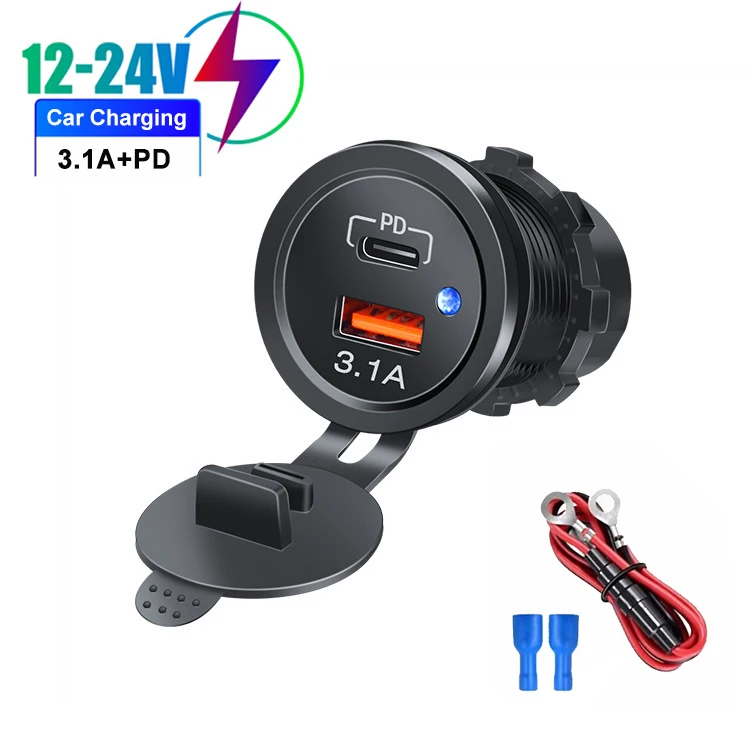 PD 3.1A Dual-USB-Ladegerät mit LED-Licht, Motorrad-Autoladegerät, Steckdose, Zigarettenanzünder, wasserdicht, für Auto, LKW, ATV, Boot