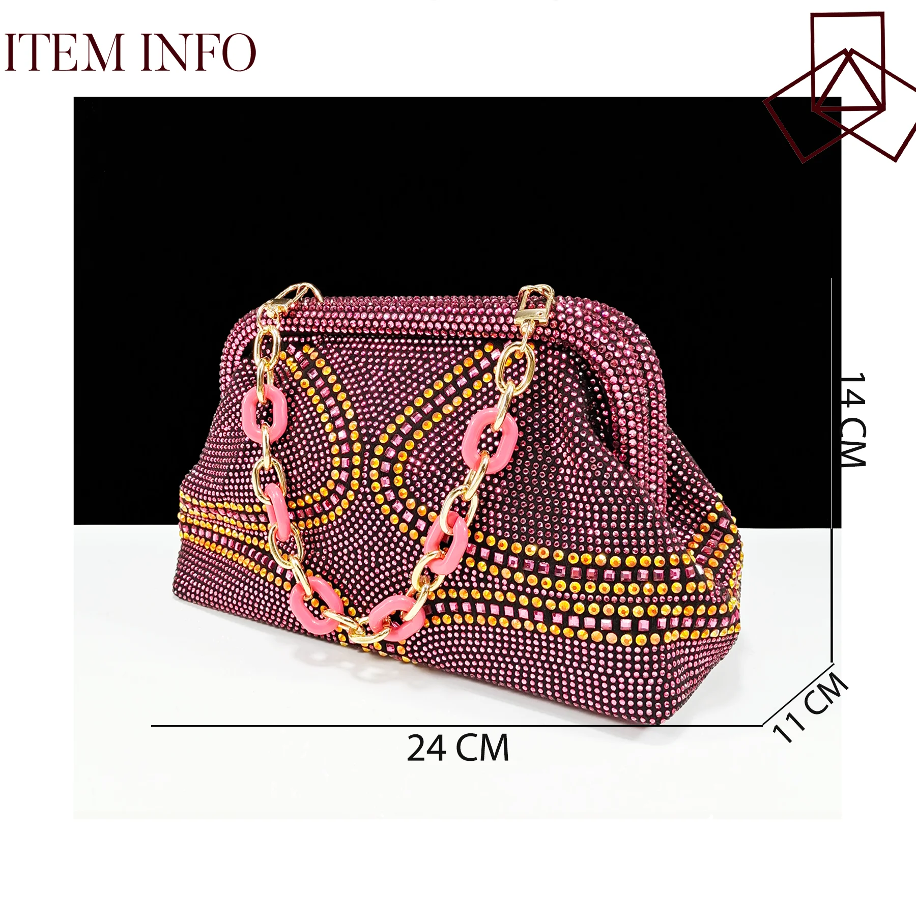 Newest Colorful Rhinestone Design Mature Style Fuchsia Color Pointed Toe High Heel Women Shoes and Bag Set for Party Wedding