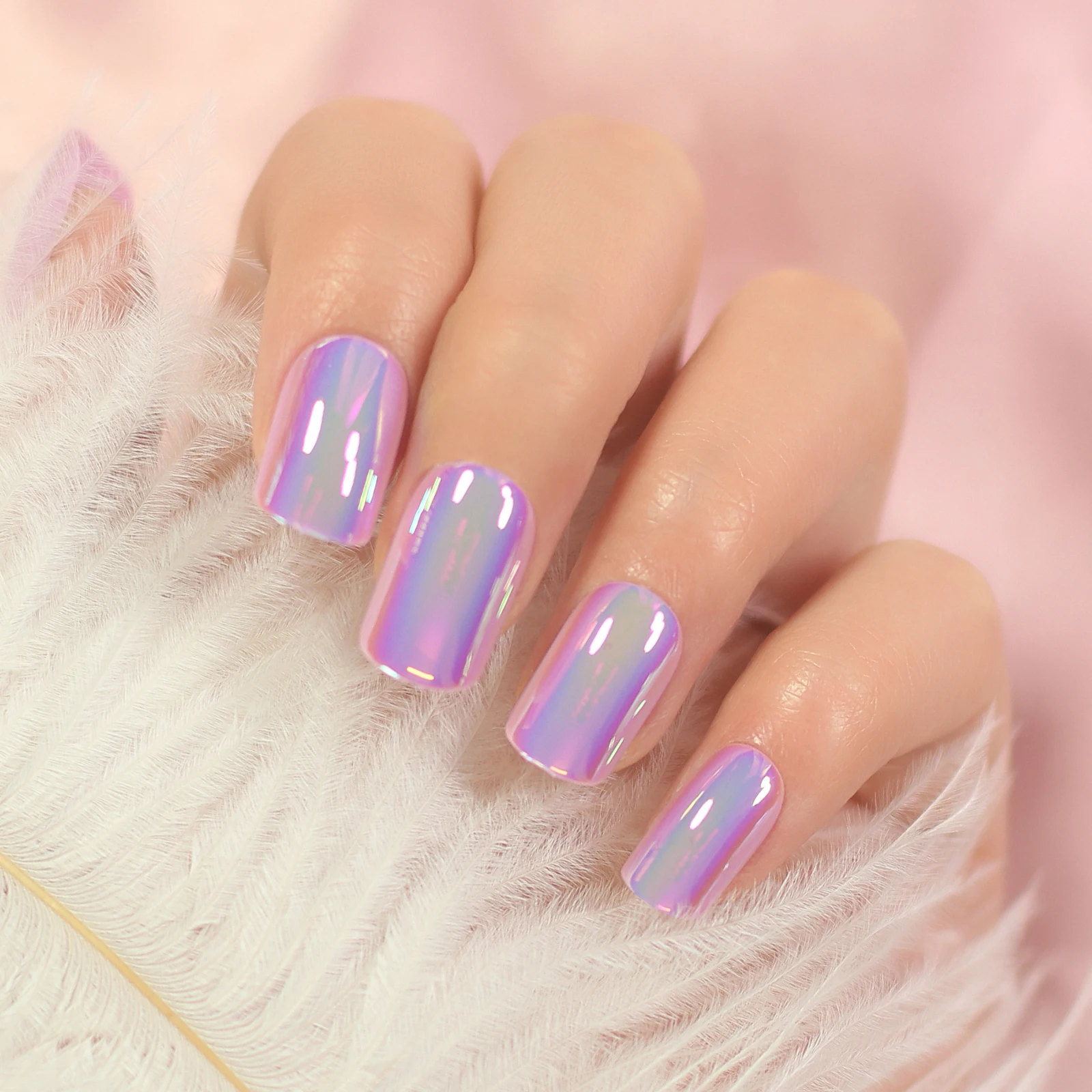 Fantasy Fingernails Short Round Press On Nails Natural Shape Solid Pure Purple Chrome Nail Tips Holographic Reusable Nails
