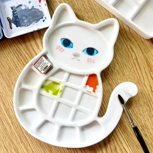 Imagen 2 del producto Paleta de acuarelas de cerámica con varias rejillas, bandeja de pintura con forma de gato, fácil de limpiar, suministros de arte para pintura de artistas estudiantes