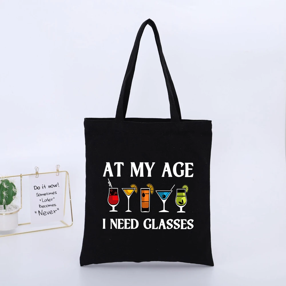 Cocktail Glasses Slogan Print Canvas Tote Bag, Casual Style for Daily Shopping and Outings