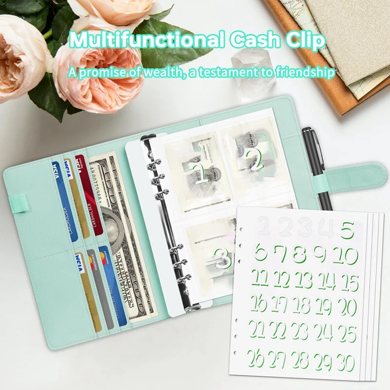 مجلد تحدي 100 ظرف، كتاب تحدي توفير المال، مغلفات تحدي توفير المال، مجلد الميزانية، أخضر متين