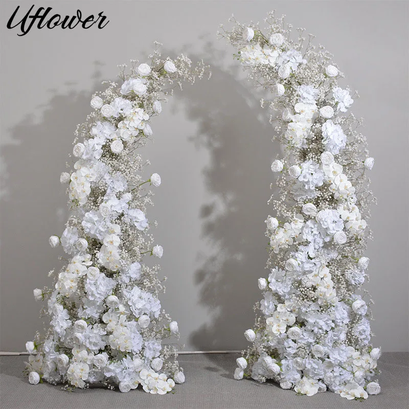 

Uflower Custom Champagne White Rose Orchid Horn Arch Wedding Background Decoration Artificial Flower Wall Props Fake Flower Row