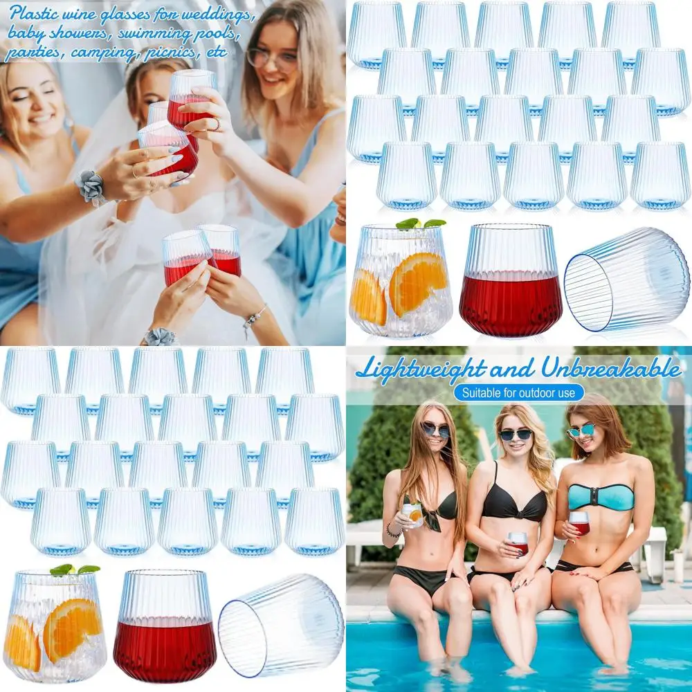 

Set of 50 Durable Blue Plastic Stemless Wine Glasses, 14oz Capacity, Ideal for Outdoor and Indoor Events, Perfect for Parties an
