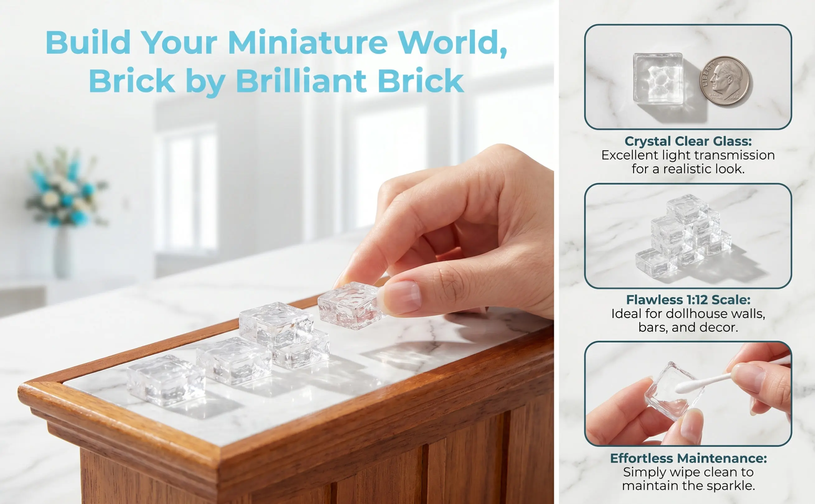 20Pcs Clear Glass Mini Bricks Square Realistic Miniature Construction Material for Dollhouse Building Supplies Mini Interior