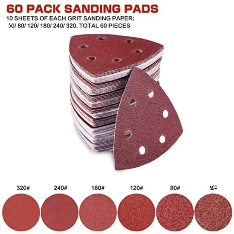 60pcs Triangle Sanding Pads Mouse Sander Pads Sandpaper With 6 Holes 60/80/120/180/240/320 Grits For Delta Sanders/Multi-Sanders