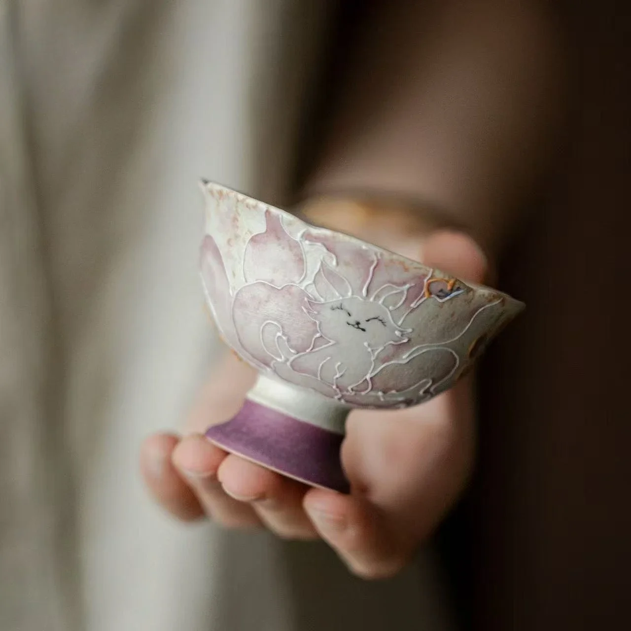 2Pcs 60ML Flint Red Hand-painted Nine-tailed Fox Ceramic Master Cup Kung Fu TeaSet Gifts Household High-foot Flower Mouth TeaCup
