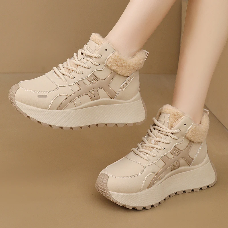 Zapatillas deportivas con forro polar para mujer, suela gruesa, zapatos altos estilo "dad shoes", botas de algodón cálidas y deportivas.