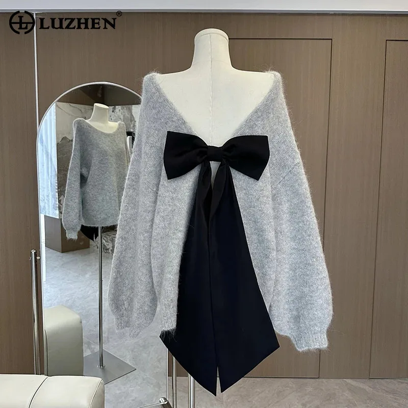 LUZHEN 2024 Autumn Winter Bow Decorate Backless Design Loose Fleece Pullover Women's Fashion Elegant Solid Color Sweater AA1834