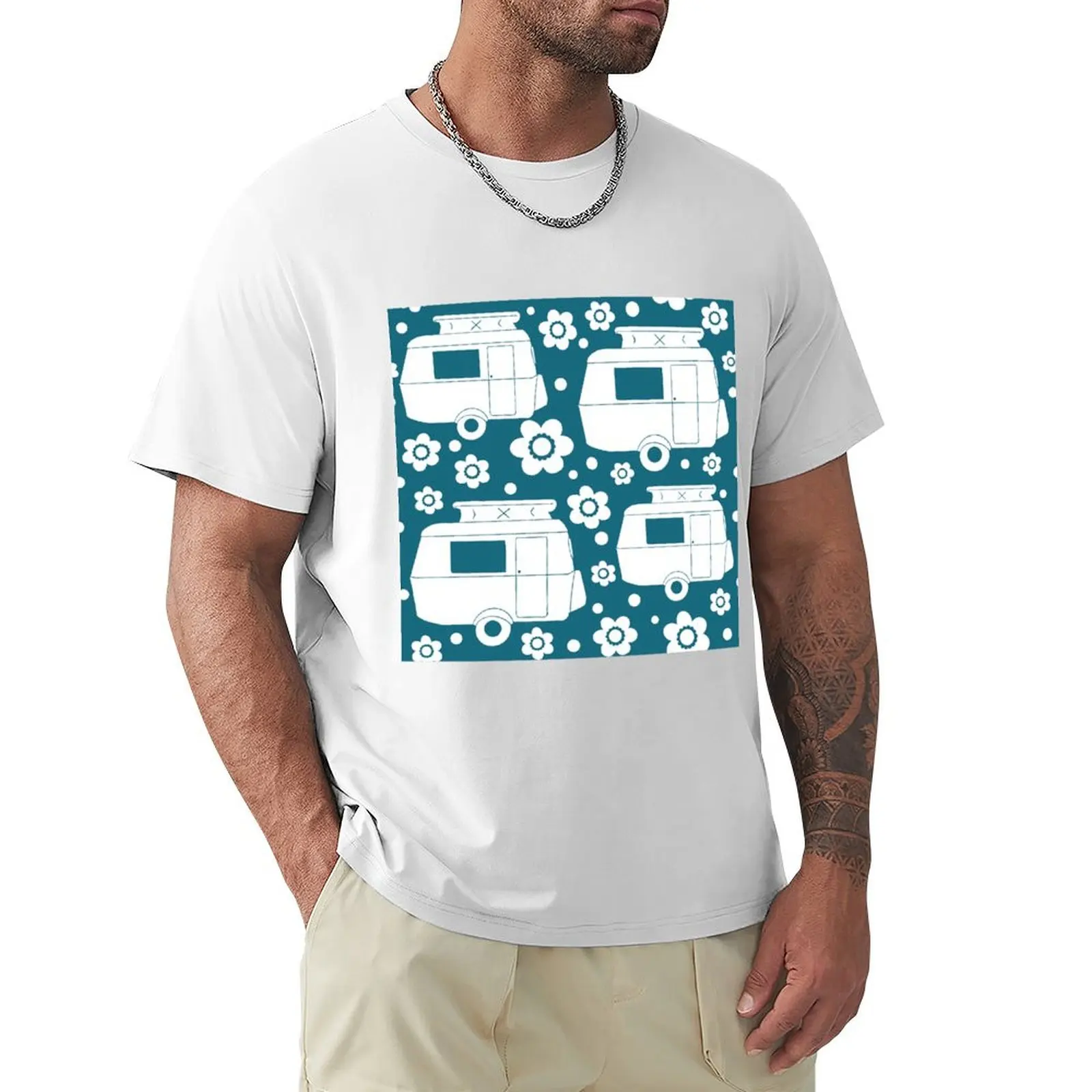 Daisy Polka Dot Vintage Caravan Pattern in Teal and White T-Shirt kawaii clothes funnys t shirts men