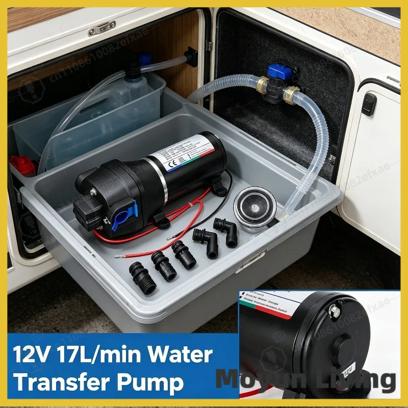 12V 17L/min Water Transfer Pump with Connectors,Self-priming Thermal Overload Stable Pressure Auto on/Off Caravan Use 12V DC