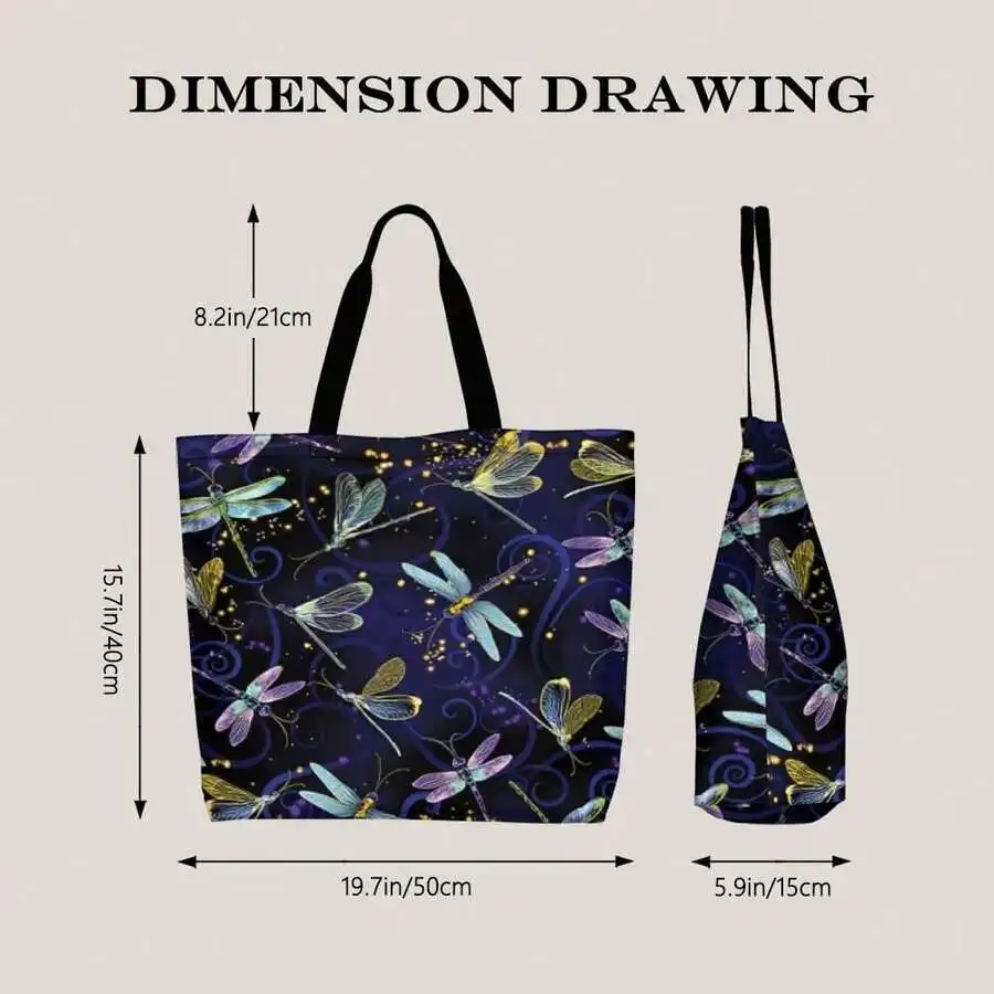 

Dragonfly Print Tote Bag Night Sky Design Cotton Blend Casual Shoulder Bag For Women