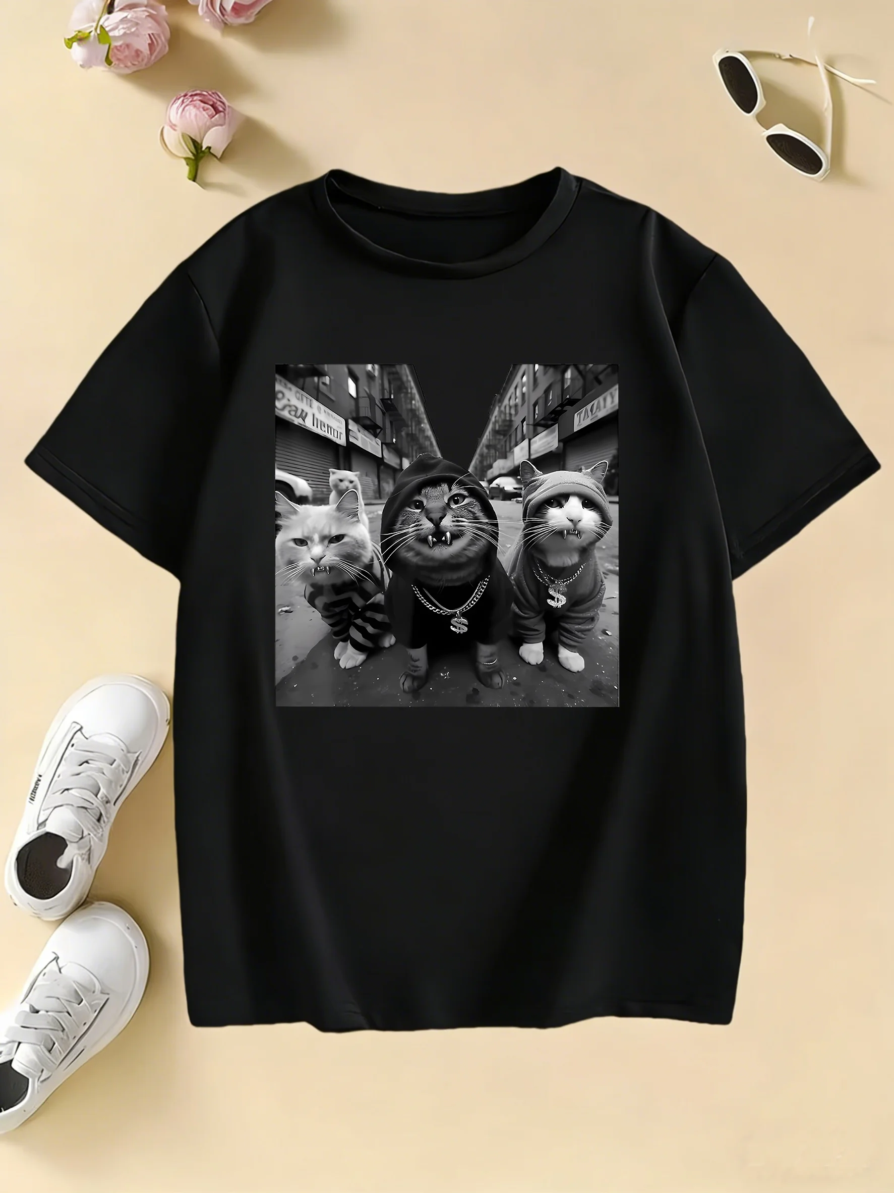 Streetwear Hip Hop Cat Cartoon Design Print T Shirts Kids Children's T-shirt Casual Boys Girls Summer Spring Casual Top Tee