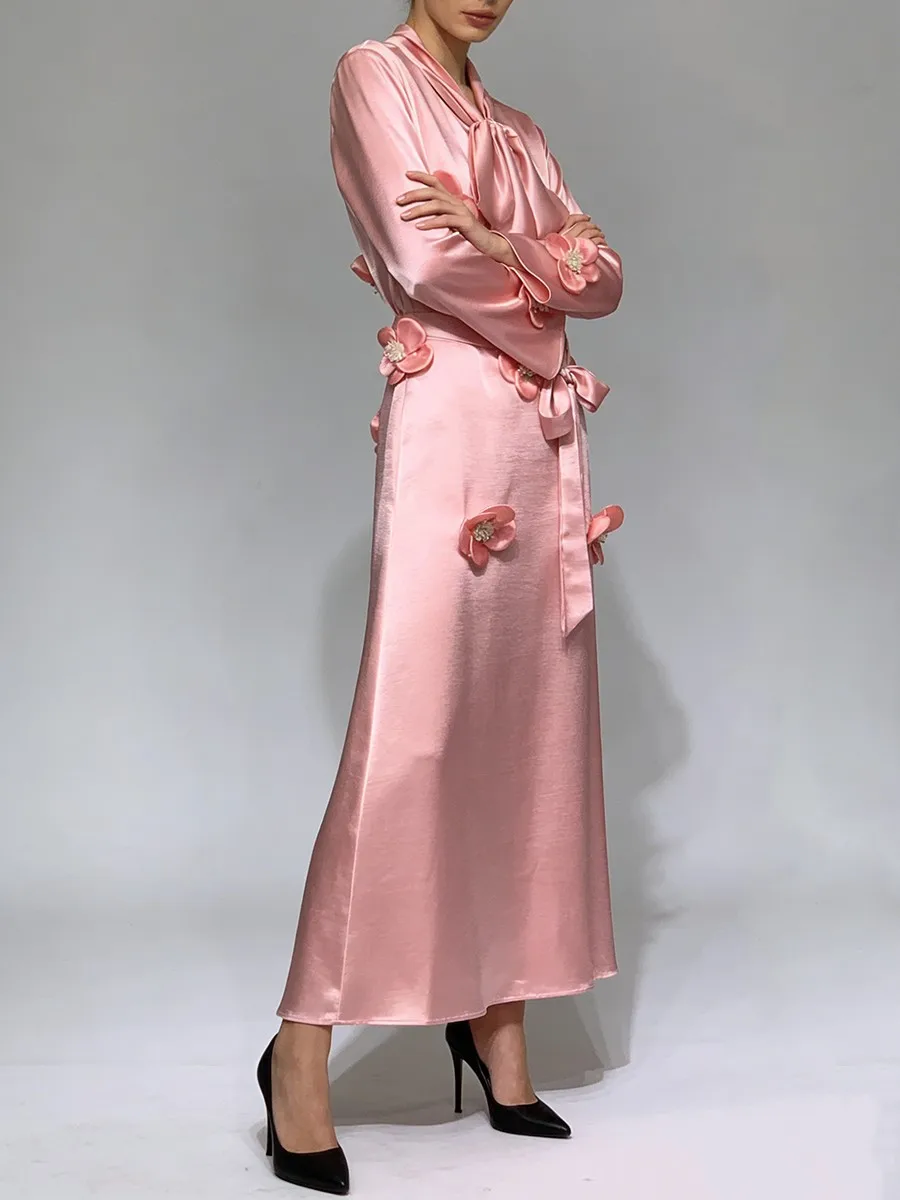 TWOTWINSTYLE 솔리드 루즈 스플라이스드 3D 플라워 우아한 여성용 원피스 라운드 넥 긴 소매 패치워크 레이스업 드레스 여성 신상