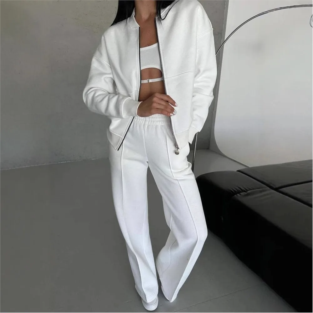 Autumn Winter Women's Zipper Jacket & Wide Leg Pants 2 Piece Set Fashion Casual Relaxed Tracksuit Suit Female Street Wear 2025