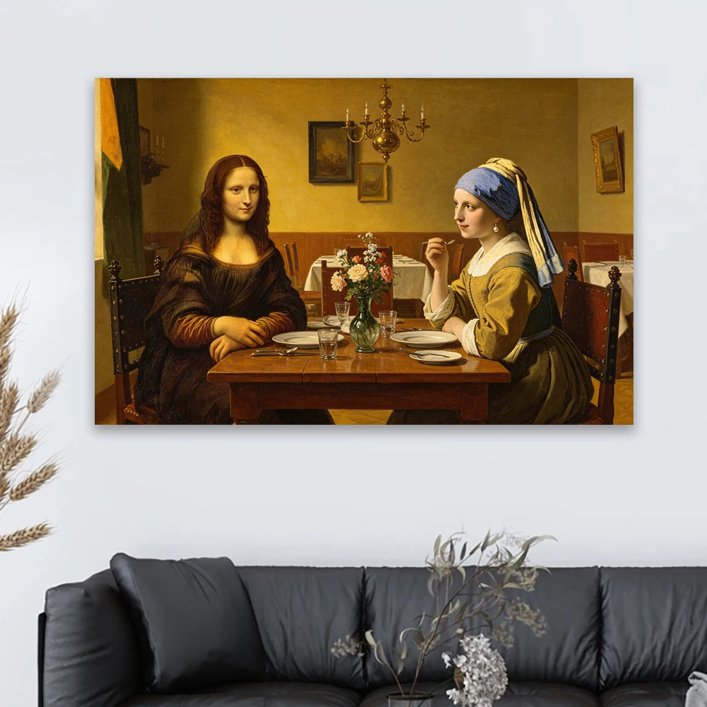 Mona Lisa Funny Classic Art Prints Girl with a Pearl Earring Driving Car Print Renaissance Style Wall Art Home Room Canvas Print