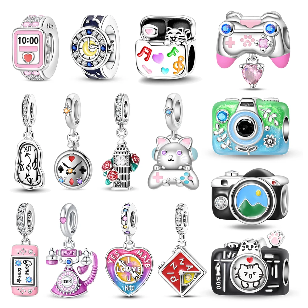 Electronic Series 925 Sterling Silver Watch Alarm Clock Camera Earphones String Ornaments Fit DIY Bracelet Necklace Cute Gifts