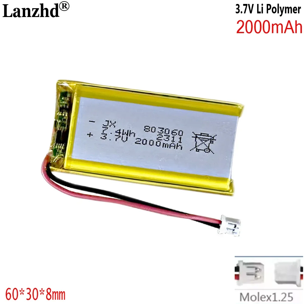 

5pcs/Lot 3.7V lithium battery with 1.25 plug XH2.54 2200mAh 803160 803060 For Intercom tablet pc BANK,GPS,mp3,mp4 battery