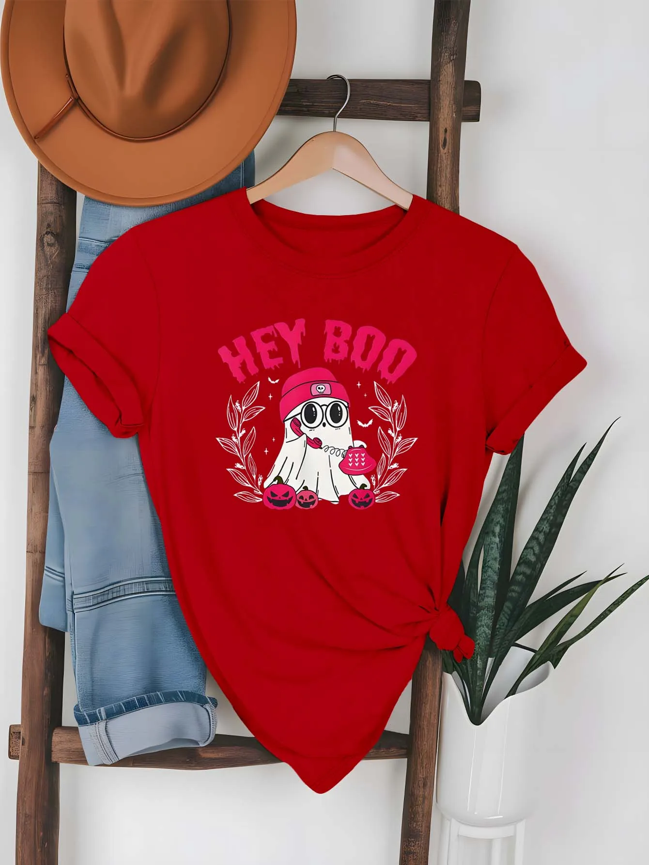 Plus Size Cute Ghost Graphic Apparel Featuring Hey Boo Slogan And Festive Elements