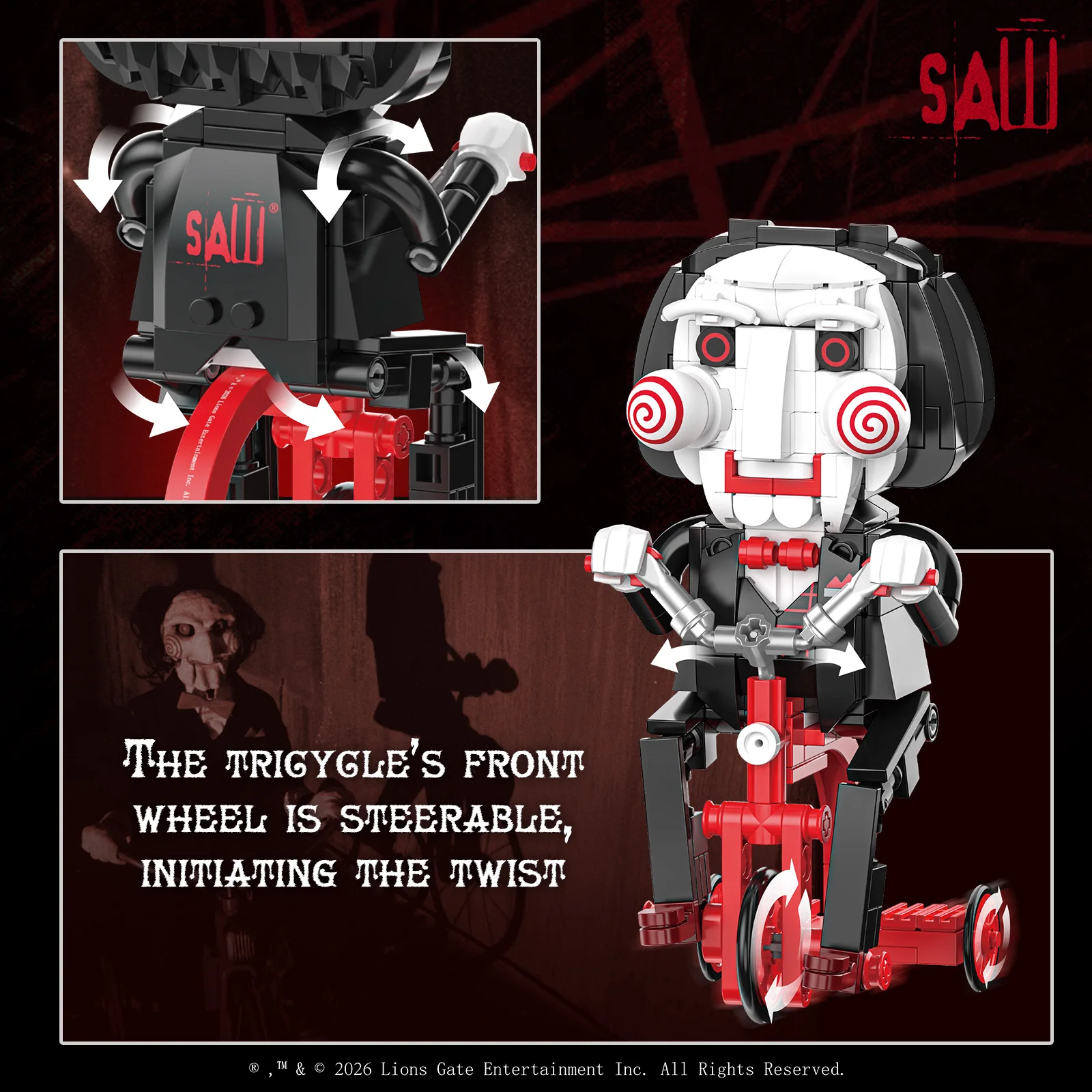 Image of JAKI SAW Billy die Puppe auf Dreirad Bausteine 261 Teile Offiziell Lizenzierte Filmfigur Geschenk