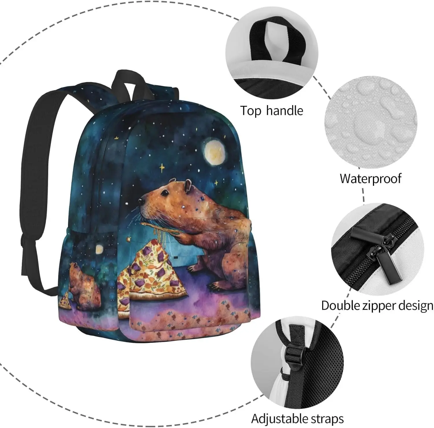 حقيبة ظهر مدرسية من Galaxy Pizza Capybara حقيبة كتب خفيفة الوزن كاجوال للفتيات والأولاد والنساء والرجال والسفر والكمبيوتر المحمول مقاس 16 بوصة