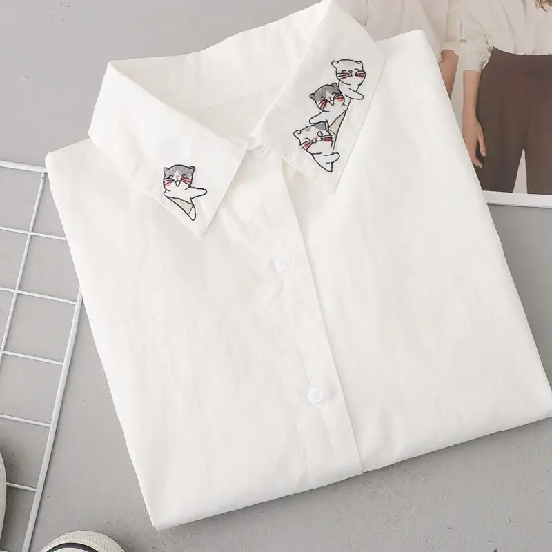 Fashion Color Button Loose White Shirt Female Long Sleeve Base Top Student Camisa Cuello Peter Pan Mujer White Blouse Women