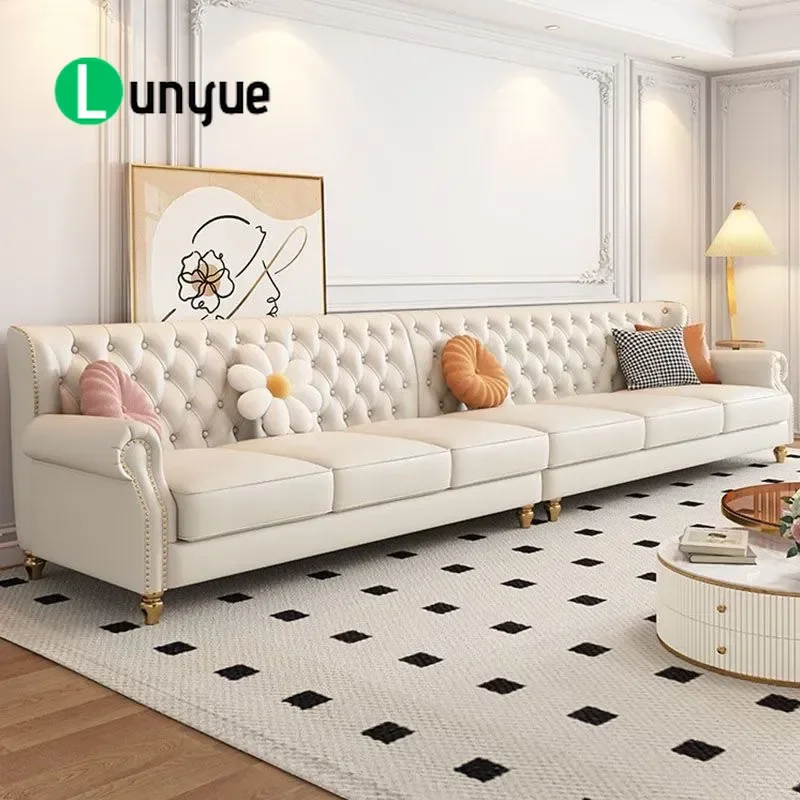 French Cream Style Leather Sofa Living Room Small Apartment Straight Row American Light Luxury 4 Seater Combination Couch