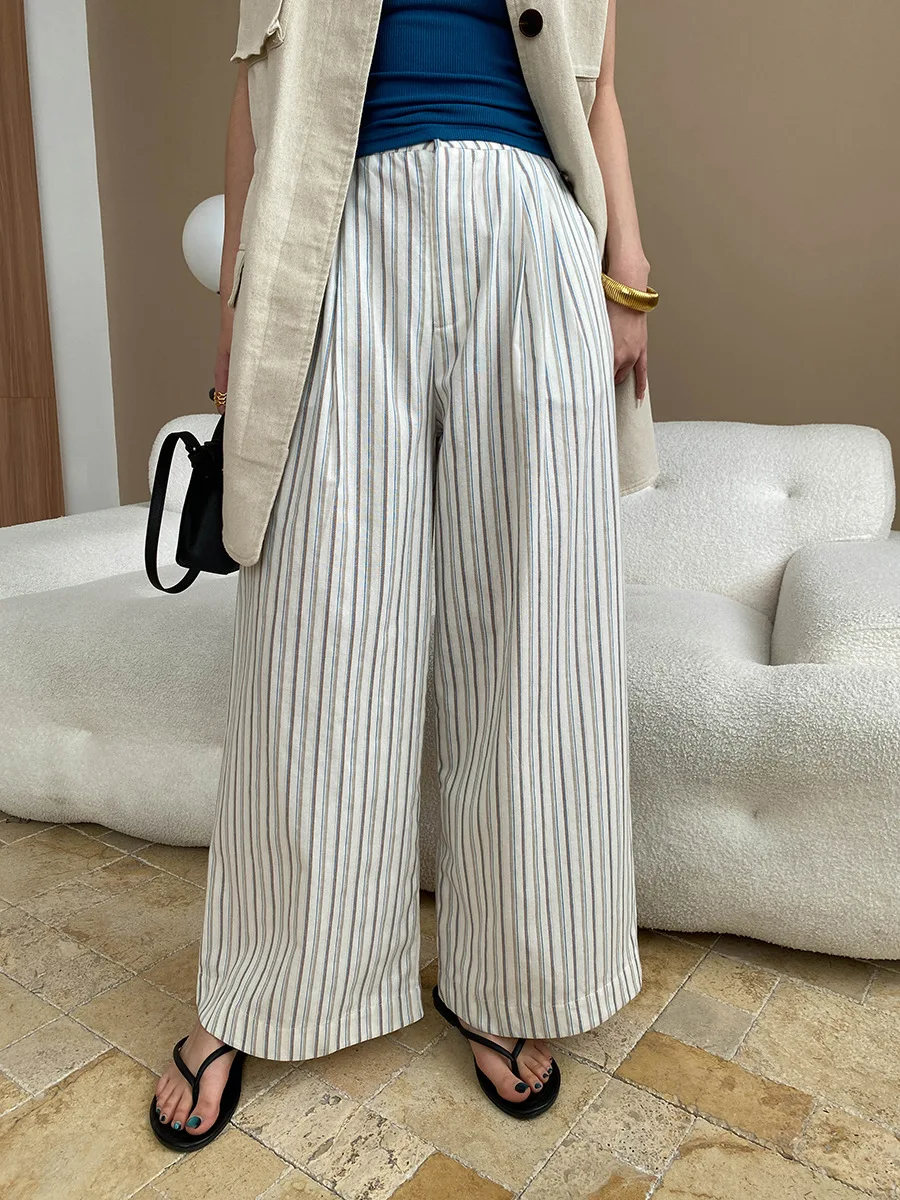 

Spring and summer women's casual striped high waisted loose wide leg pants