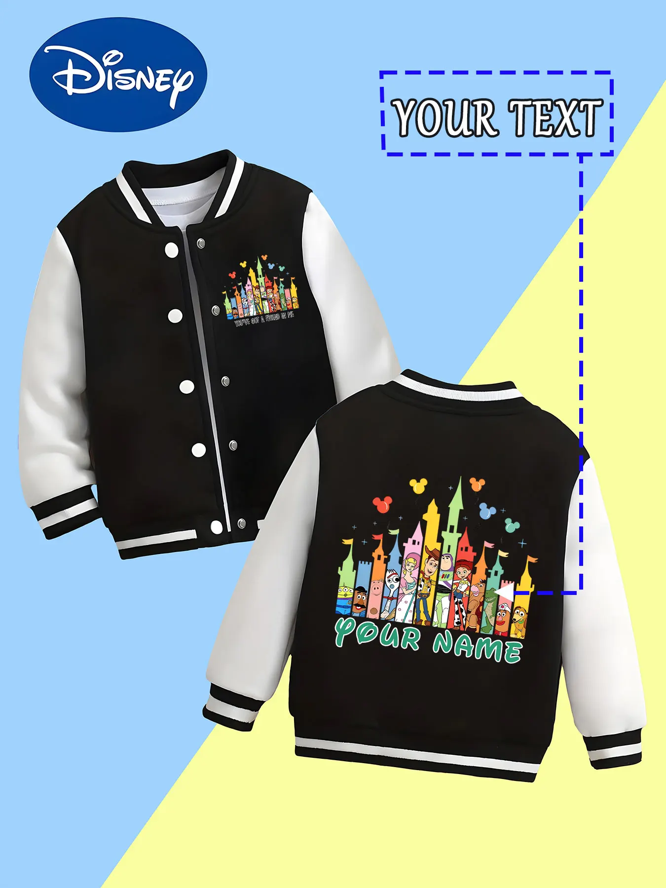 

MINISO Disney Toy Story Castle Character Бейсбольная куртка для детей — сочетание персонажей и замка создает мечтательный и