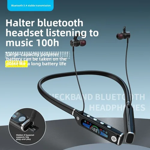 Imagen 2 del producto Auriculares Bluetooth para deportes al aire libre, colgados al cuello, tarjeta TF oculta, pantalla digital LCD, batería de larga duración, batería de gran capacidad
