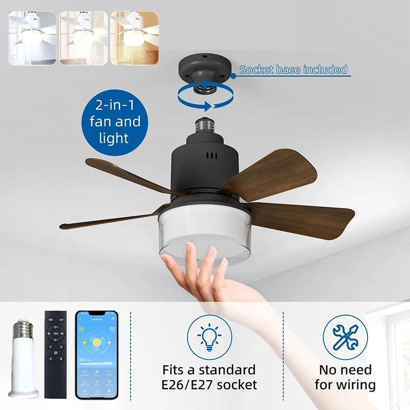 Socket Ceiling Fan with Light APP Control Ceiling Fans with Lights LED Light Dimmable for Bedroom Garage Kitchen Living Room