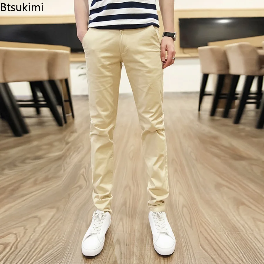 

Summer Fashion Men's Solid Casual Trousers Comfortable Pure Cotton Thin Style Slim Fit Pencil Pants Men All-matches Simple Pants