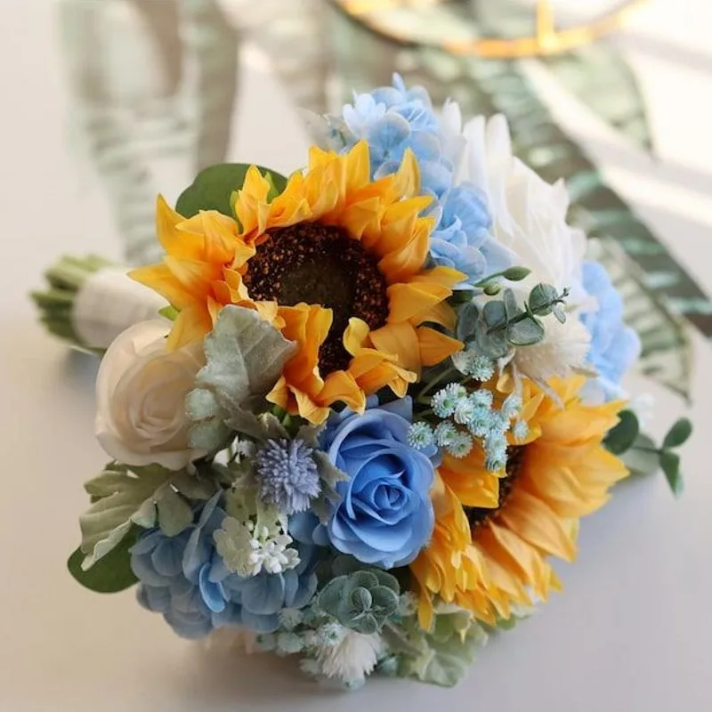 PEORCHID Fake Wildflower Wedding Flowers Bridal Bouquets Sunflowers Blue Yellow Spring Summer Bouquets Ramos De Quinceañera