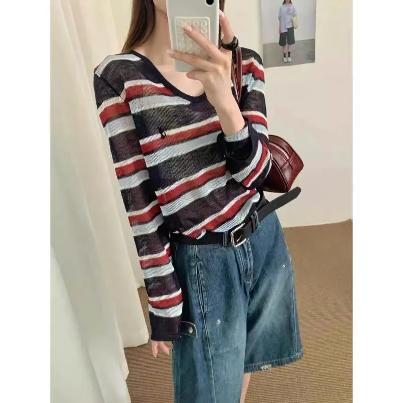 

Женская одежда, свободные полосатые винтажные свитера в ленивом стиле, осенний тонкий модный повседневный универсальный топ, трикотаж
