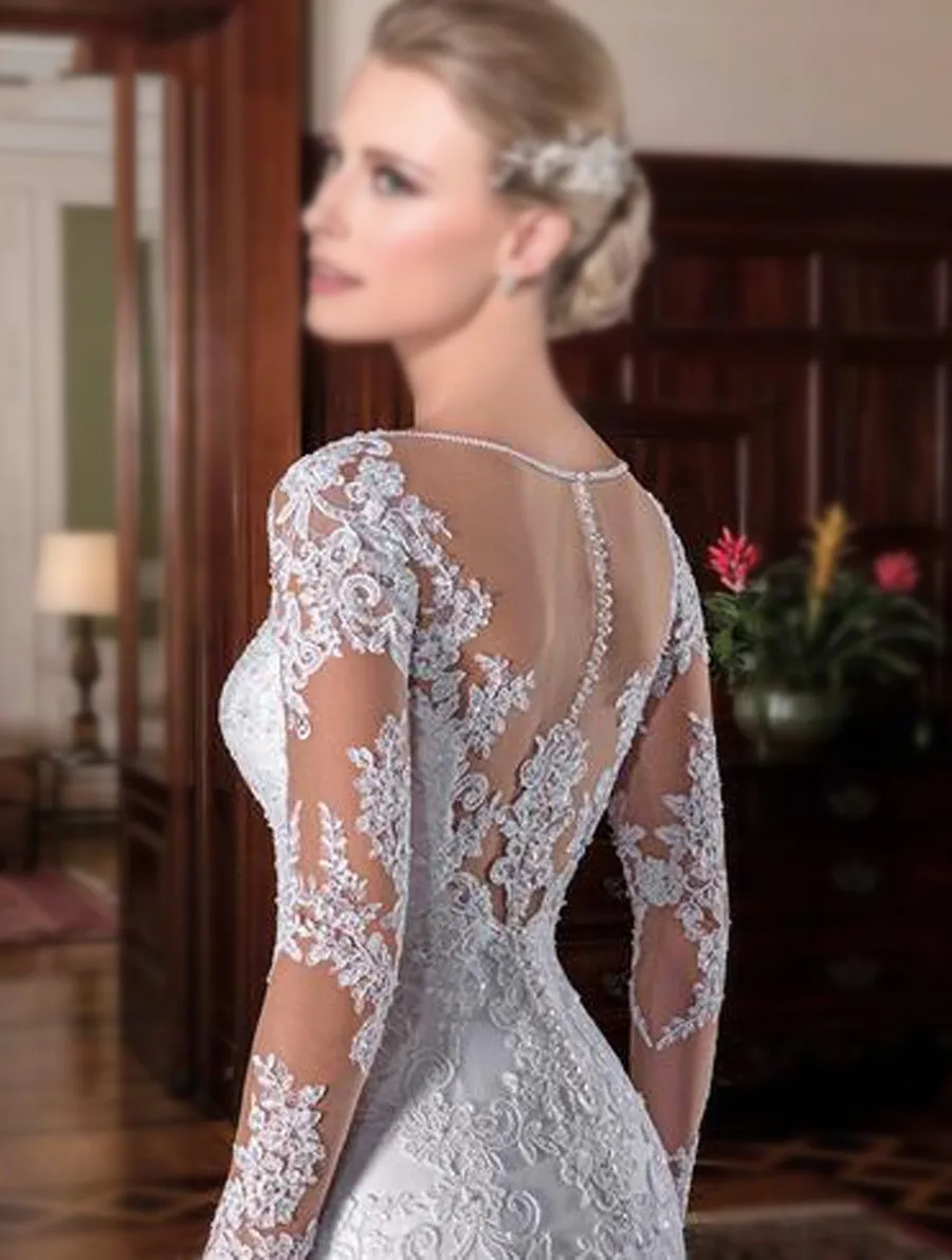 Mermaid Wedding Dress 2024 Illusion Back Vestido De Noiva Long Sleeve Beads O-Neck Lace Appliques Bride Bridal Gown