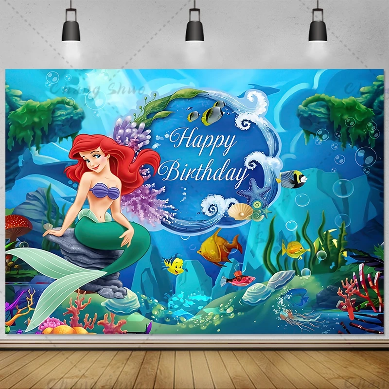 Disney Mermaid Ariel Princess Backdrop for Baby Girls First Birthday Party Decor Supplies Baby Shower Photography Background