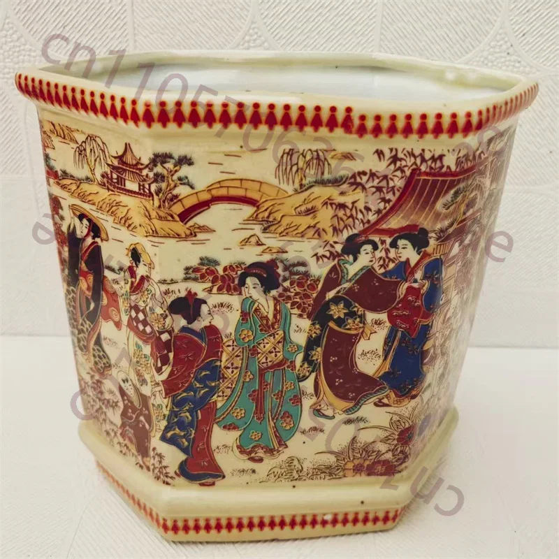 Chinese Old Pink Porcelain Hexagonal Pen Holder Vase with Japanese Ladies Pattern Antique Decorative Office Supply