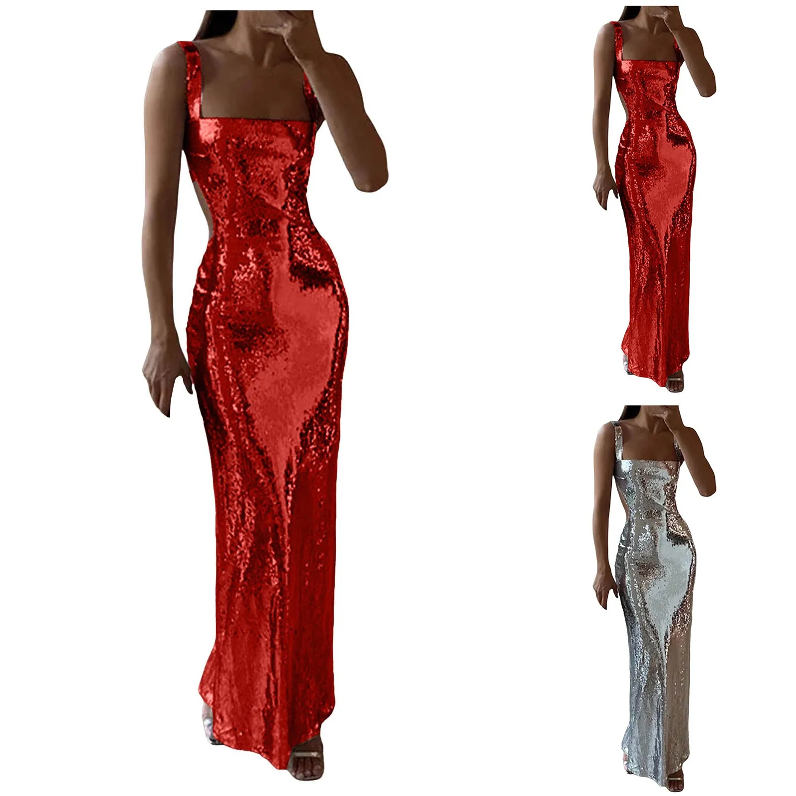 2024 verão elegância versátil e sexy pescoço quadrado cor sólida lantejoulas estilingue vestido longo para mulheres vestidos de noite mulher elegante