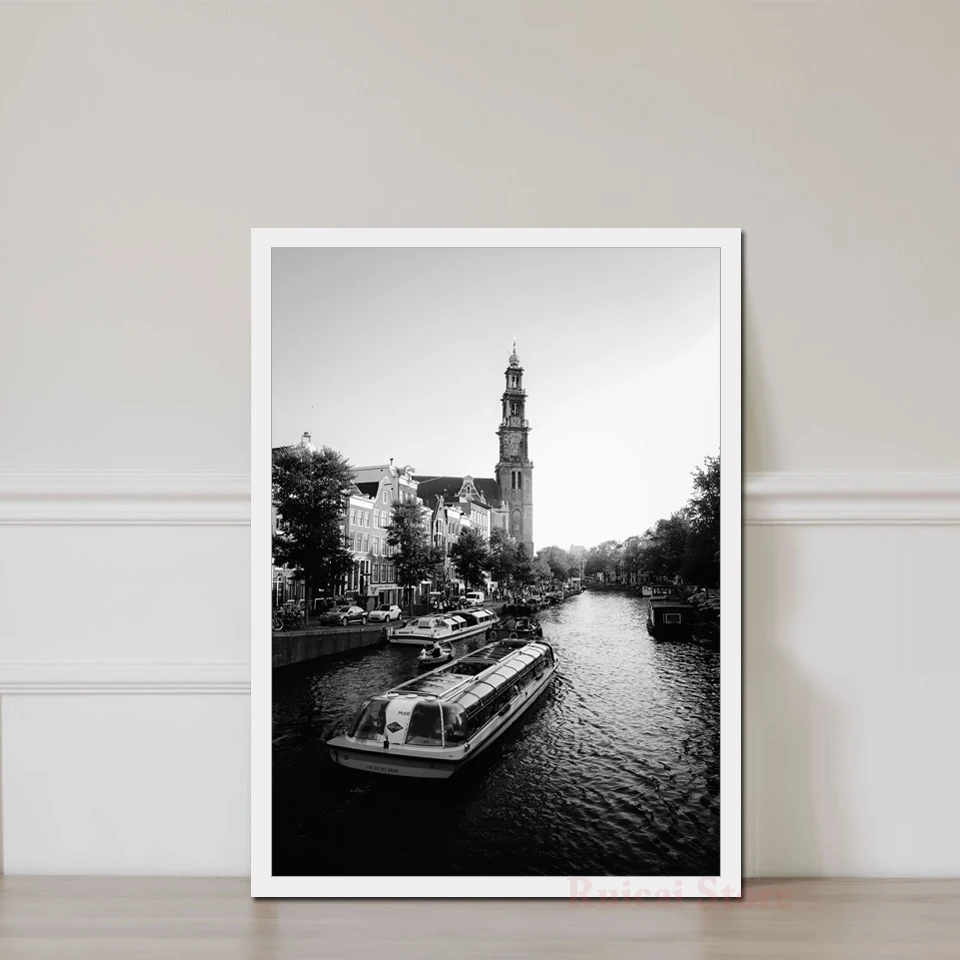 Amsterdam Prinsengracht Canal Westerkerk Tower Poster Canvas Print Black and White Dutch City Wall Art, Europe Travel Home Decor