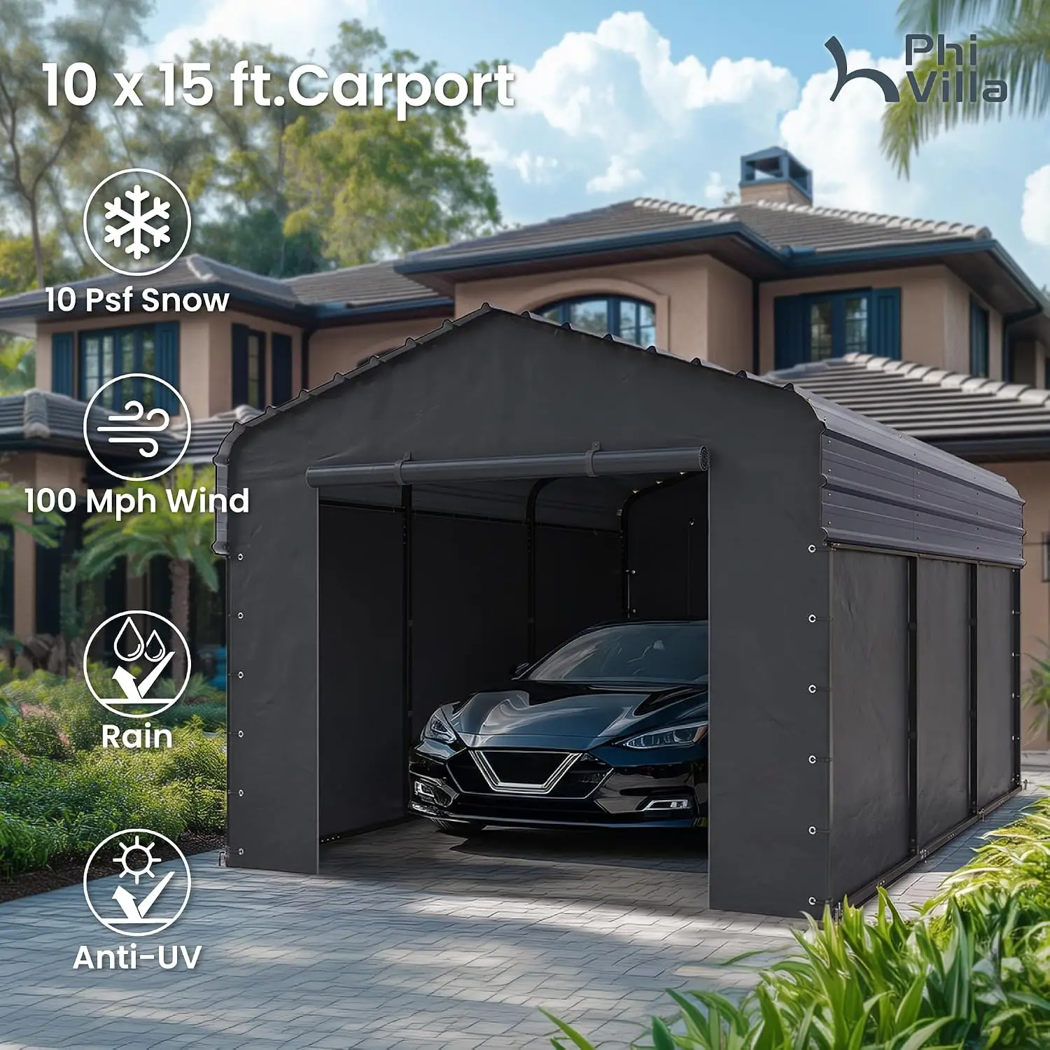 10x15 Metal Carport Canopy with Sidewalls Heavy Duty Outdoor Vehicle Shelter, Customized