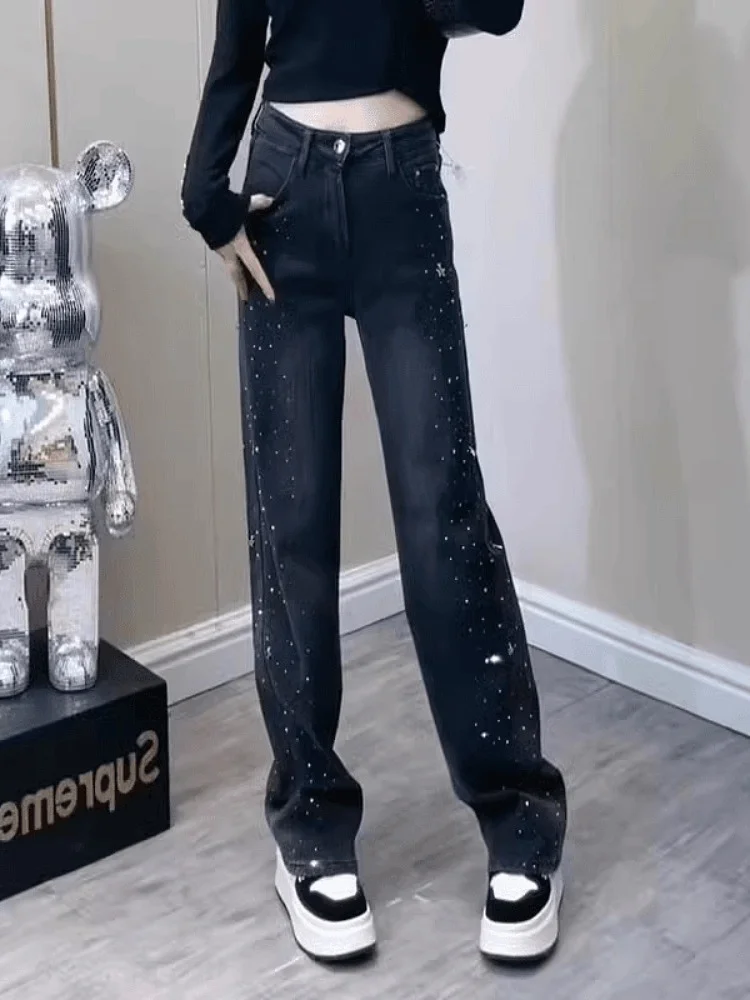 

Женские джинсы с высокой талией и широкими штанинами, весенне-осенние, свободные, прямые, в пол, с дизайном из стразов в виде звезд, из смесовой хлопковой ткани